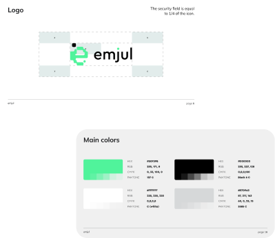 Logo mit grünem Symbol und Text emjul, daneben Farbschema mit Hauptfarben in Grün, Schwarz und Grautönen