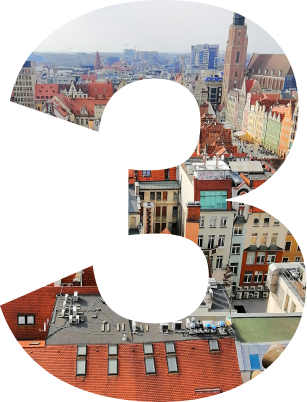 Stadtblick mit historischen und modernen Gebäuden durch die Form der Zahl 3