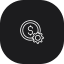 Symbol eines Münzicons mit Zahnradelement auf schwarzem Hintergrund