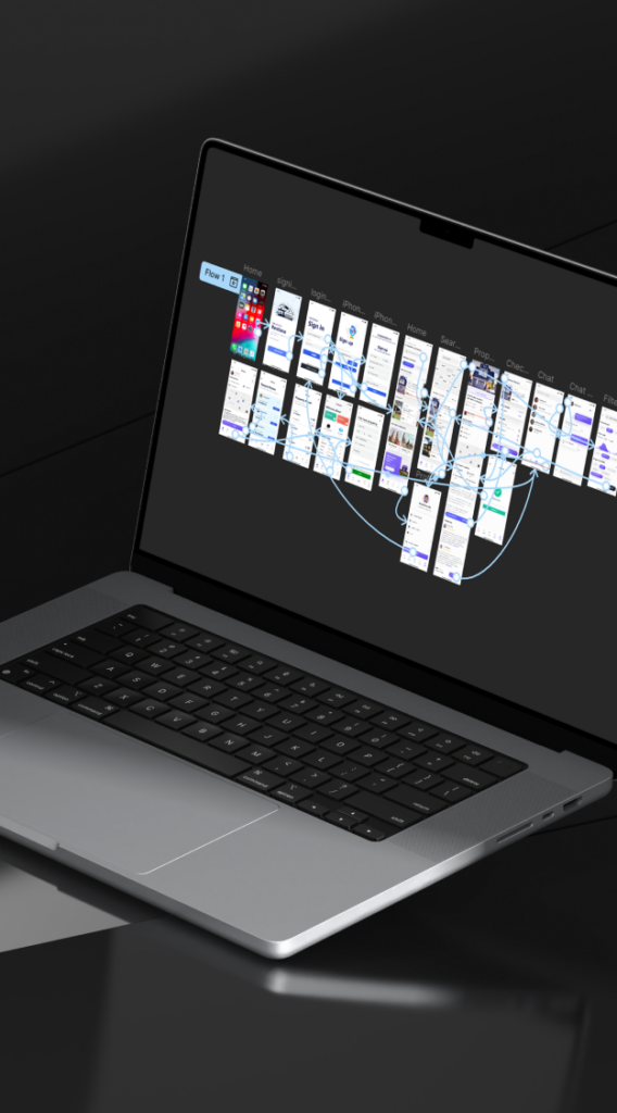 Laptop mit geöffnetem Bildschirm zeigt App-Design-Workflow auf schwarzem Hintergrund