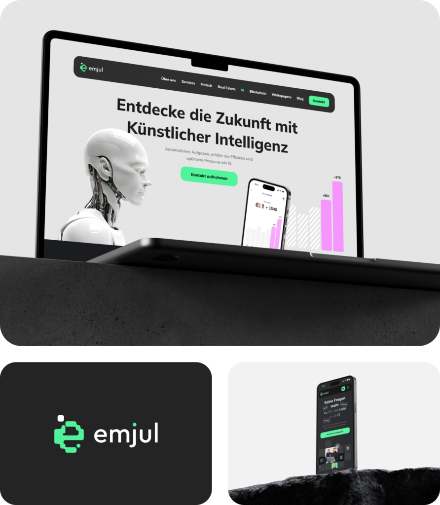Laptop mit Webseite über Künstliche Intelligenz und Roboter, Logo von emjul und Smartphone mit Technologie-Inhalten