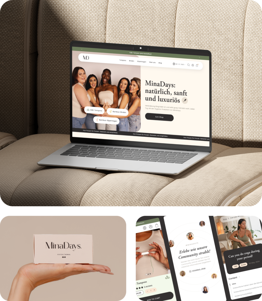 Laptop zeigt MinaDays-Webseite mit fünf Frauen, Produktbild von MinaDays Verpackung auf Hand, Smartphone mit MinaDays App.