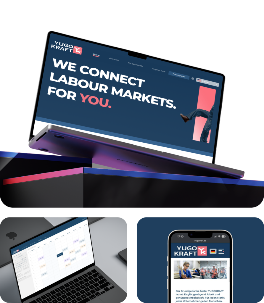 Laptop mit Webseite von YUGOKRAFT, Desktop zeigt Kalenderansicht, Smartphone zeigt Jobsuche-Seite auf Deutsch