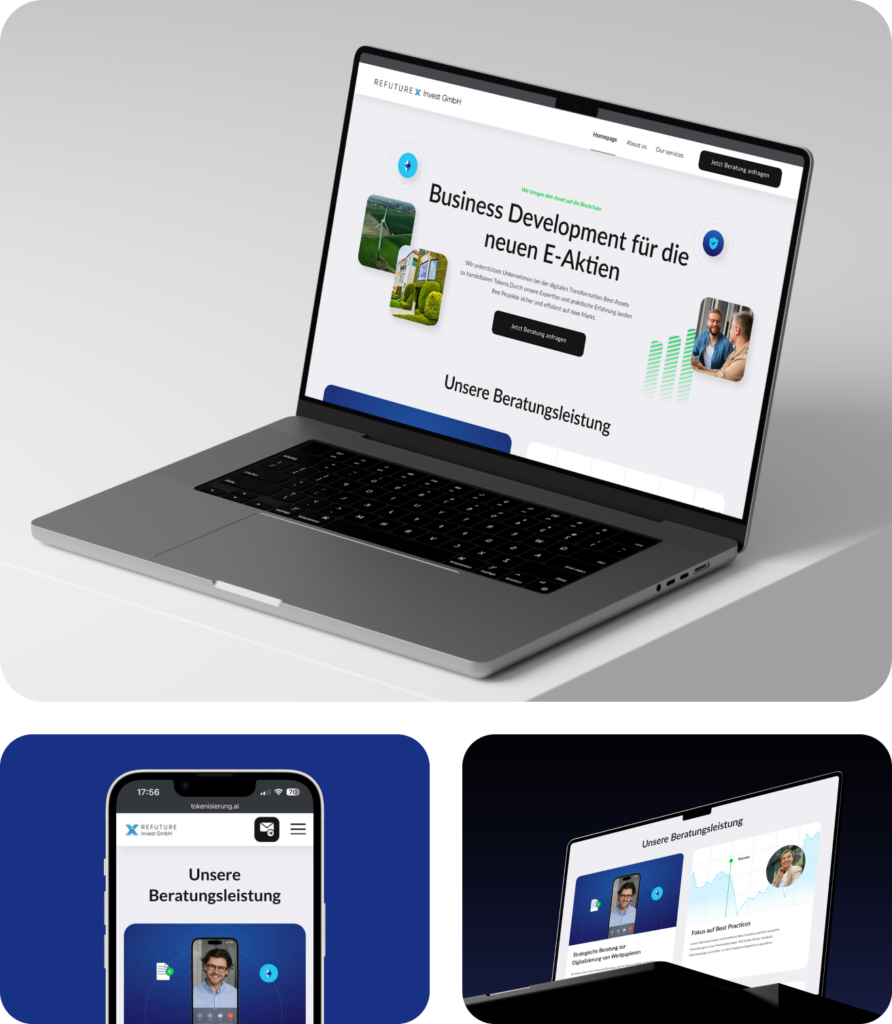 Laptopbildschirm zeigt Website mit Business Development für E-Aktien, Smartphones und weitere Beratungsleistungen.