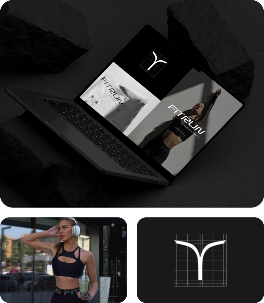 Laptop mit Fitness-Branding FITRUN zeigt Produktverpackungen und Sportlerin, daneben Frau in Sportbekleidung mit grünem Shake und FITRUN-Logo auf schwarzem Hintergrund.
