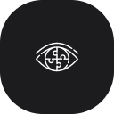 Symbol eines Auges mit einem Puzzle-Stück-Motiv im Inneren auf schwarzem Hintergrund