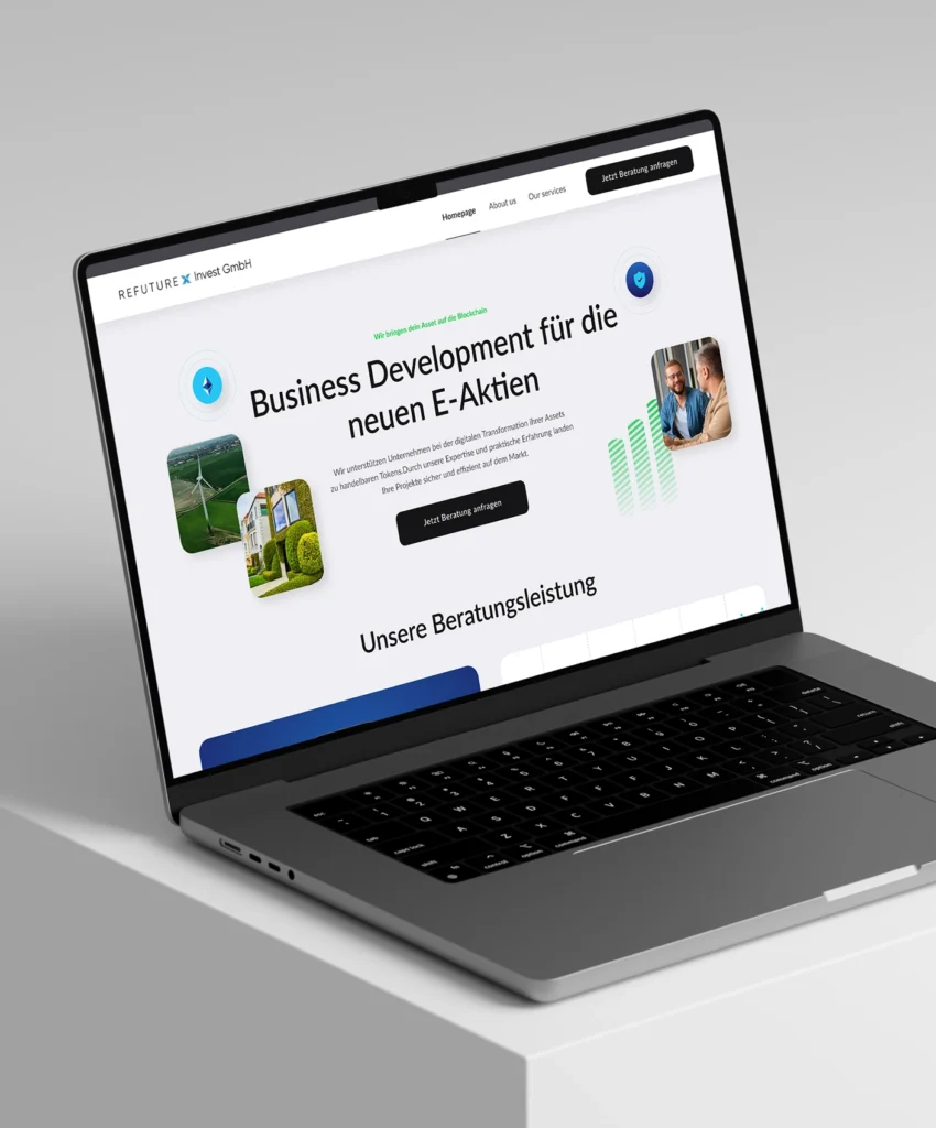Laptop zeigt Website von REFUTURE Invest GmbH zur Business Development Beratung für E-Aktien.
