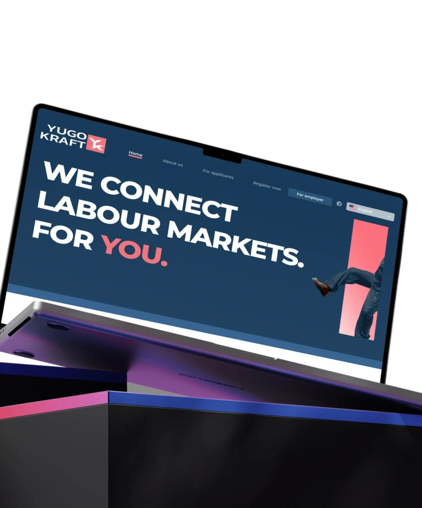 Laptop-Bildschirm mit Webseite, die Arbeitsmarktvernetzung bewirbt, Text auf Englisch