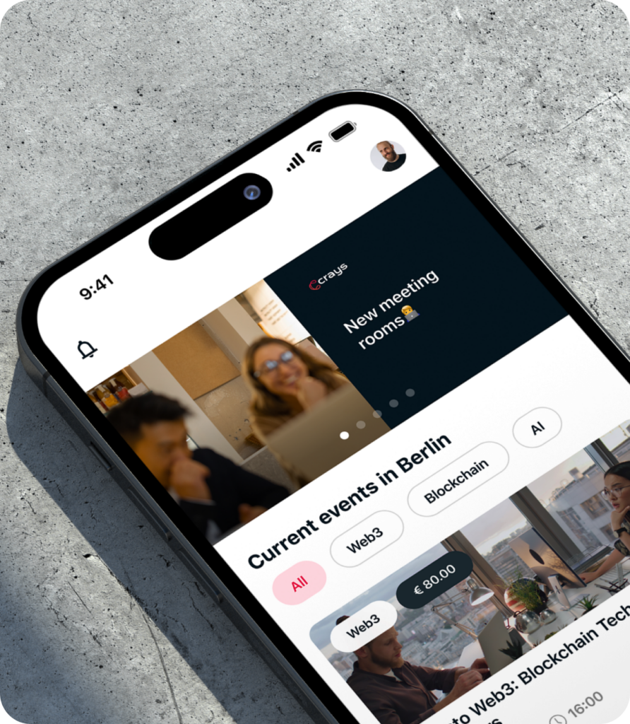 Smartphone zeigt Event-App mit aktuellen Veranstaltungen in Berlin, Filter für Web3, Blockchain, KI