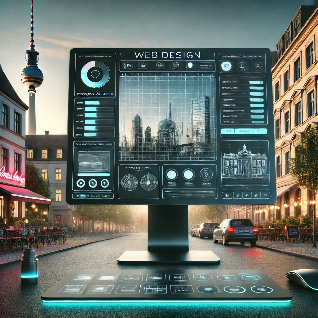 Moderner Computerbildschirm mit Webdesign-Interface in Berliner Straßenszene bei Sonnenuntergang