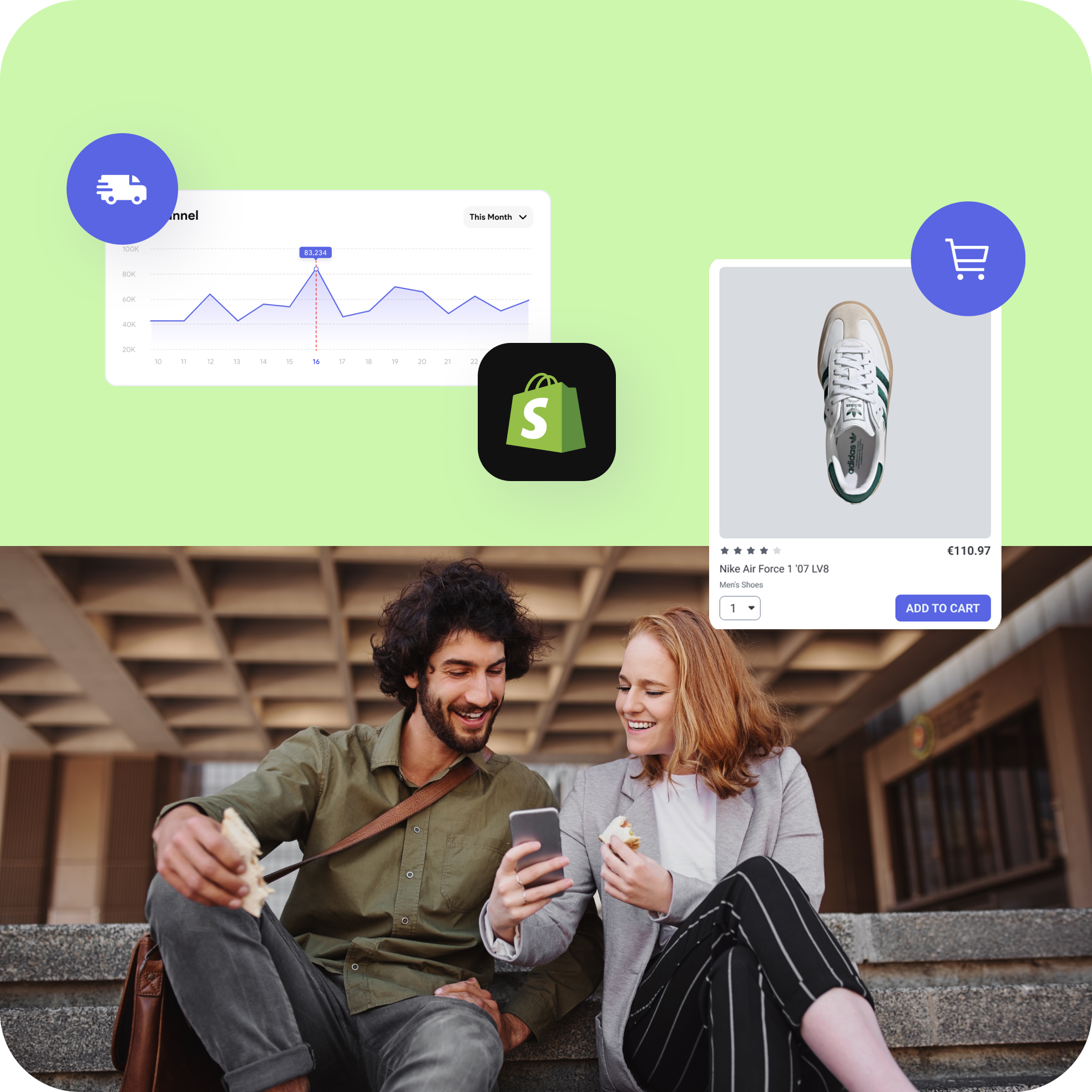 Zwei junge Erwachsene sitzen auf Treppen, schauen gemeinsam auf ein Smartphone, darüber Symbole für Online-Shopping und Versand mit einem Schuhangebot und einem Grafik-Diagramm.