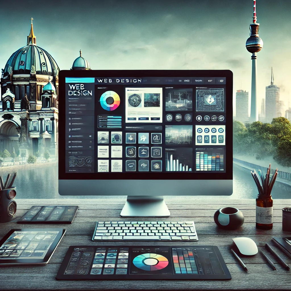 Arbeitsplatz mit Computer und Grafiktablett vor Berliner Skyline, Fokus auf Webdesign-Software