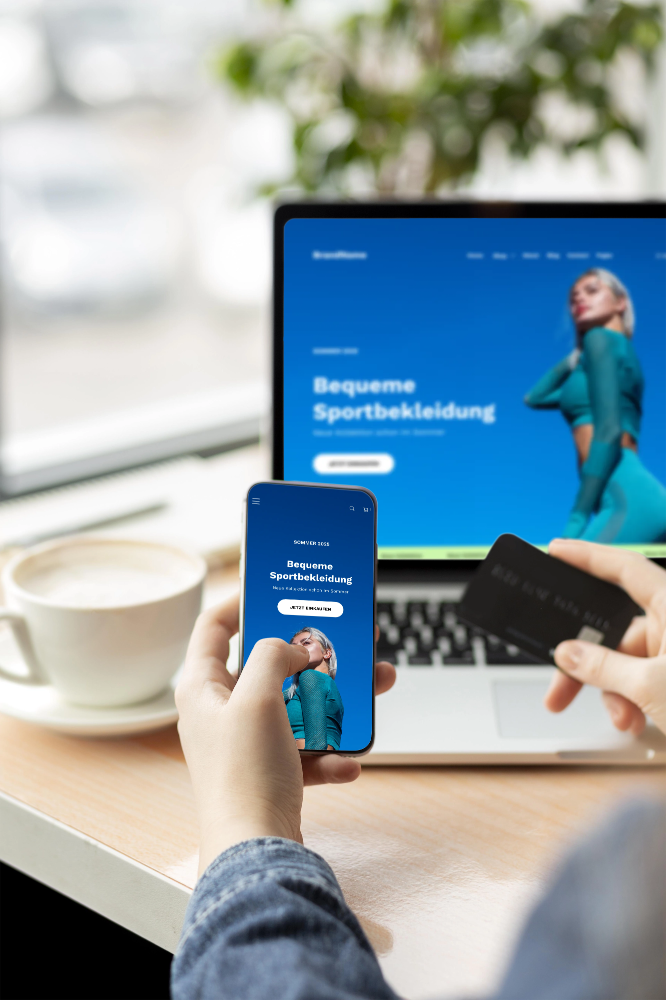 Person hält Smartphone mit Anzeige für bequeme Sportbekleidung vor Laptop und Kaffeetasse