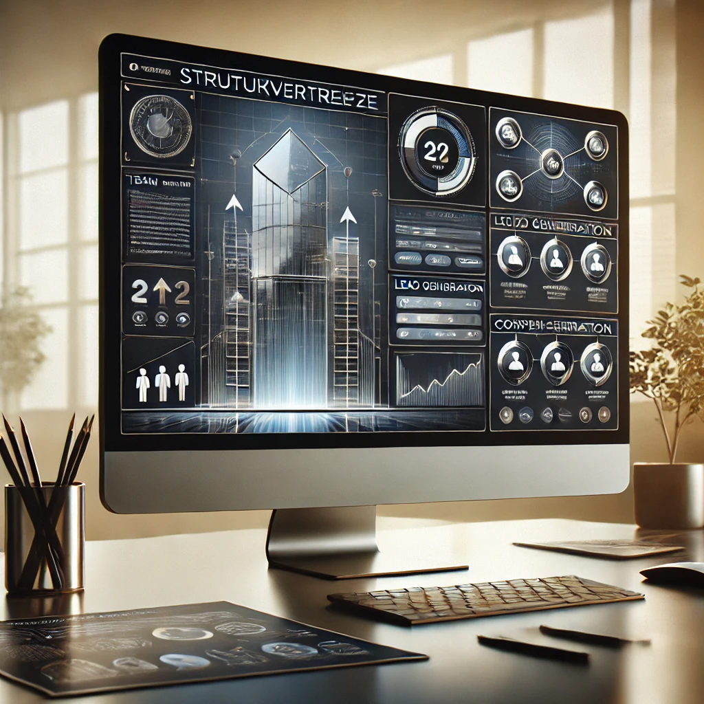 Computerbildschirm zeigt Architektur- und Datenanalyse mit dem Titel Strukturvernetze