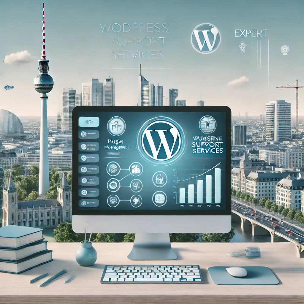 Arbeitsplatz mit Computer, auf dem WordPress Support Services angezeigt werden, vor der Berliner Skyline mit Fernsehturm