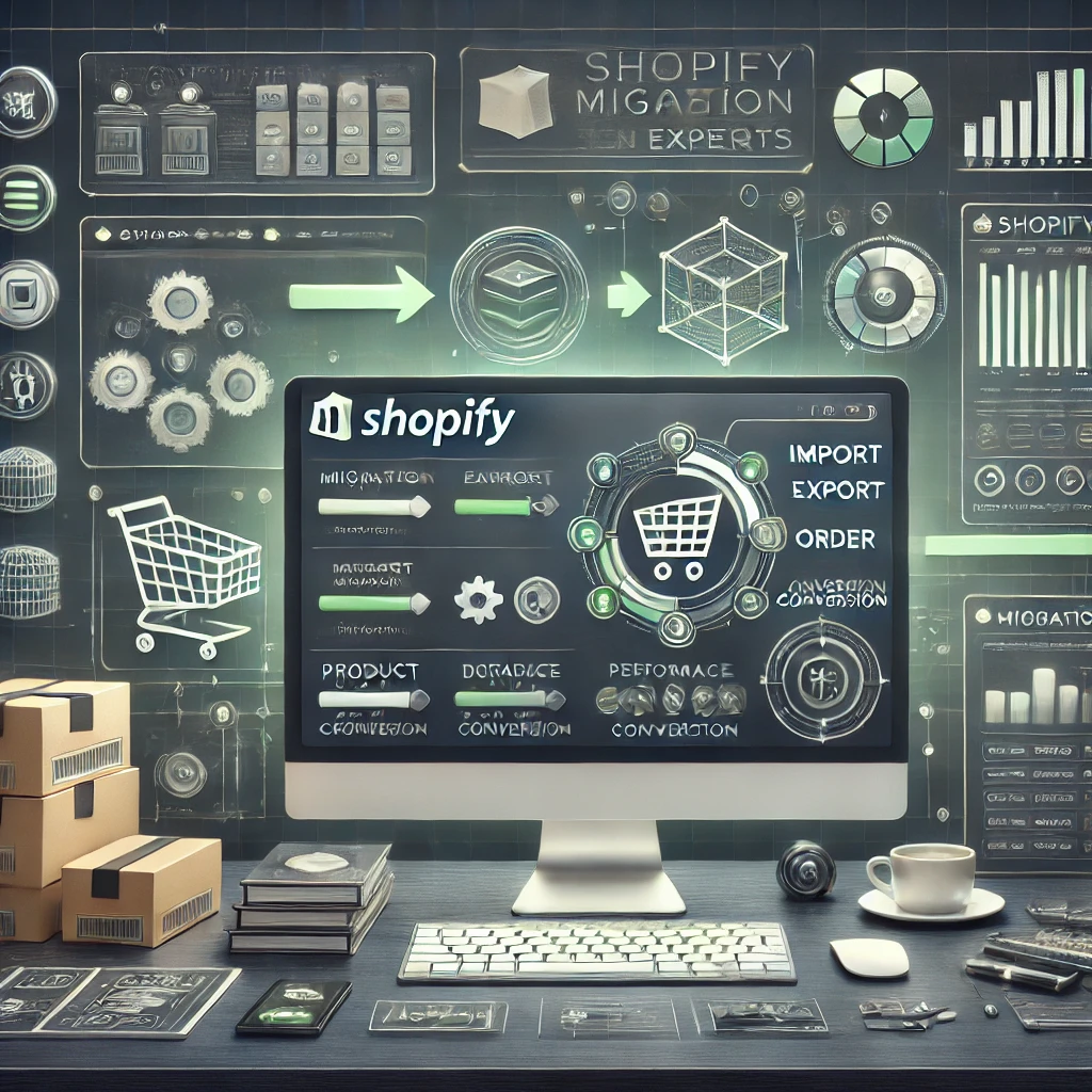 Computerbildschirm mit Shopify-Logo und E-Commerce-Daten, umgeben von Paketen und Büroausstattung.