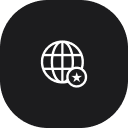 Symbol eines Globus mit einem Stern auf schwarzem rundem Hintergrund