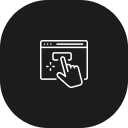 Symbol einer Webseite mit einem Cursor als Hand im Kreis