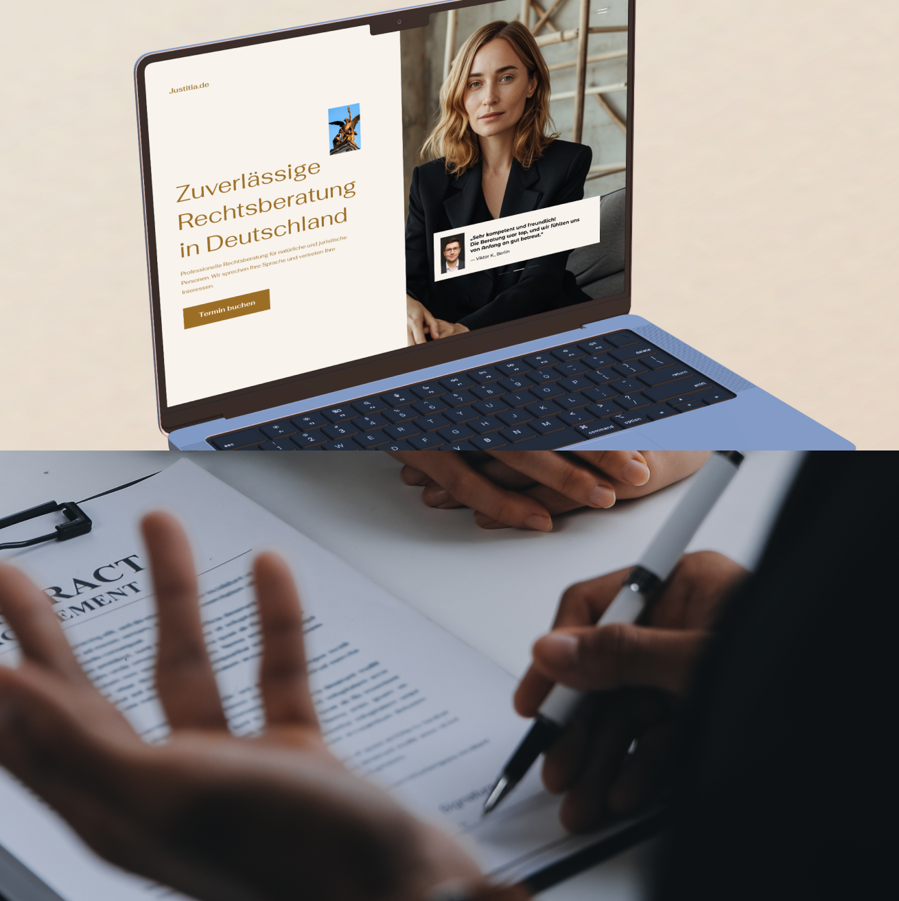 Laptop mit Website zur Rechtsberatung in Deutschland und Hände über Vertragspapier mit Stift