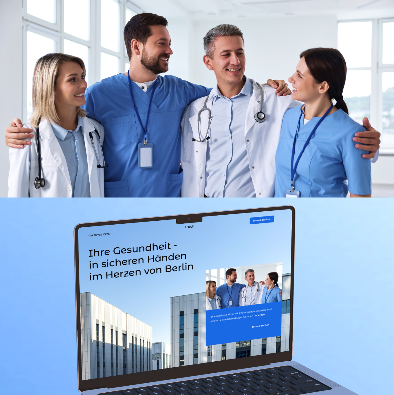 Ärzteteam in einer Klinik und Laptop mit Website zur Gesundheitsversorgung in Berlin