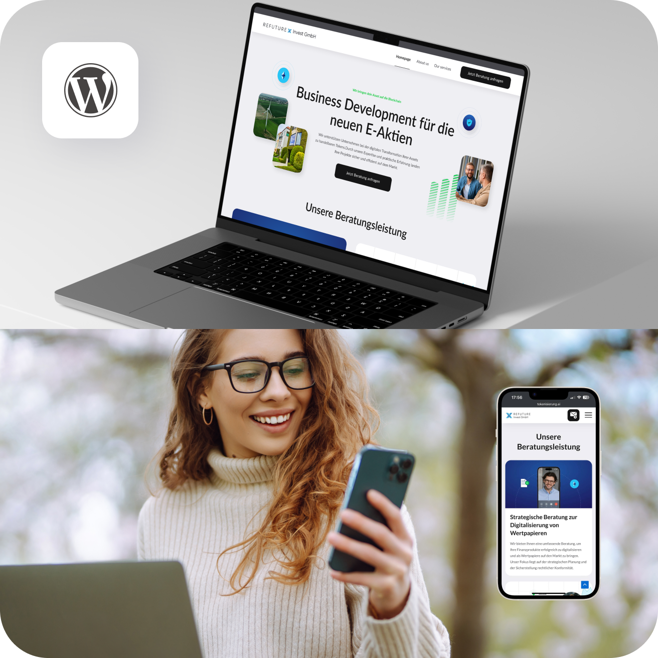 Laptop mit Business-Website zu E-Aktien und Frau, die Smartphone nutzt