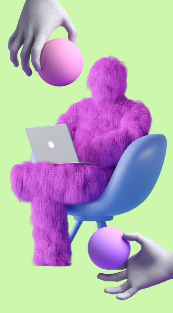 Fantasievolle Darstellung einer sitzenden Person komplett in lila flauschigem Material gehüllt, die einen Laptop auf dem Schoß hält, umgeben von zwei grauen Händen, die jeweils einen leuchtend pink-lila Ball halten, vor einem hellgrünen Hintergrund.