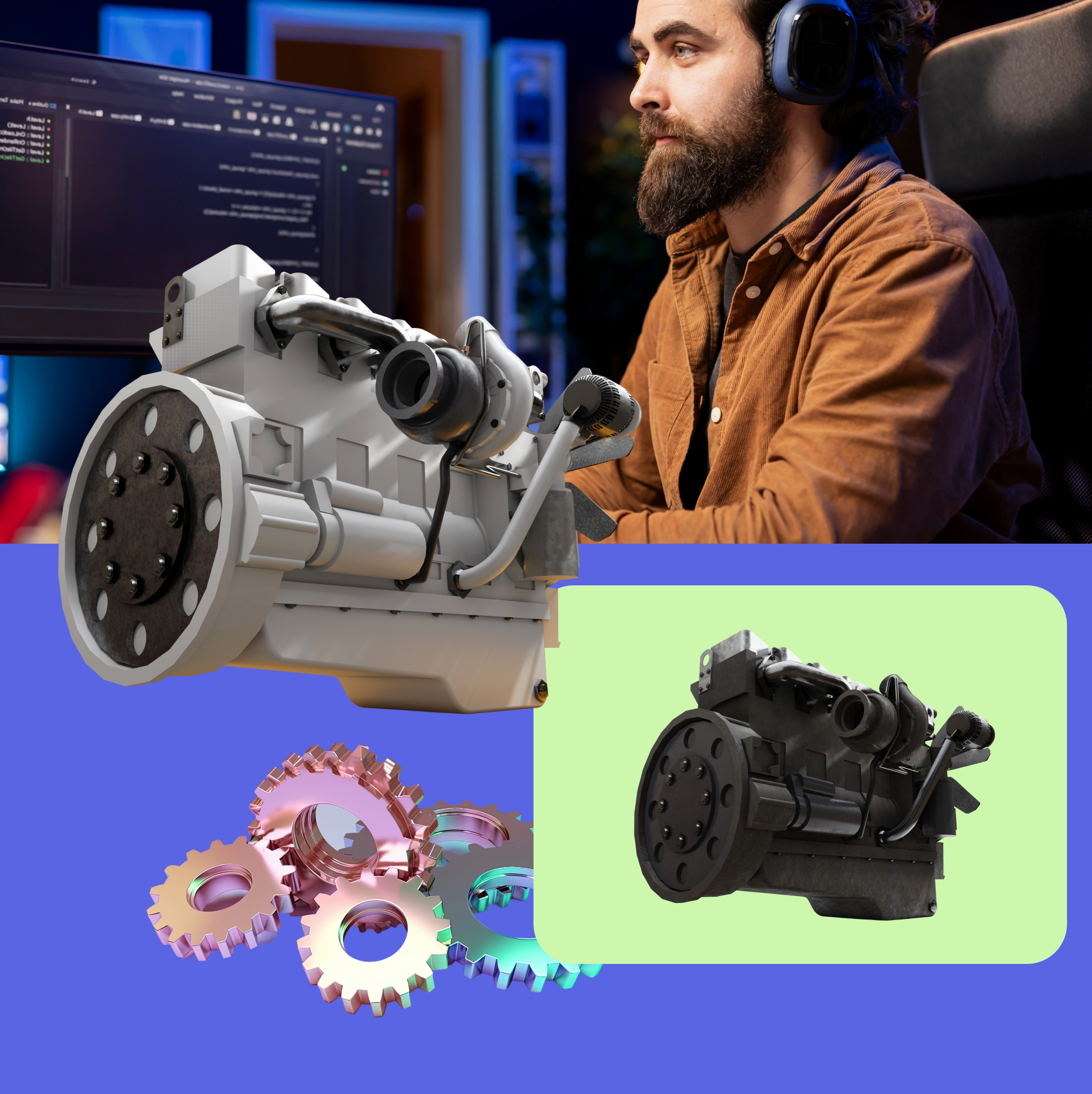 Mann mit Bart und Kopfhörern vor Computer mit technischem Code auf dem Bildschirm, daneben 3D-Modelle von Motoren und mehrere Zahnräder auf blauem Hintergrund.