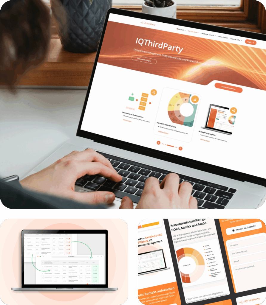 Jemand tippt auf einer aufgeklappten Laptop-Tastatur, auf dem Bildschirm ist die Webseite von IQThirdParty mit orangefarbenem Design und verschiedenen grafischen Elementen zu Drittparteienmanagement sichtbar, im Hintergrund Fensterbank mit zwei Pflanzen.