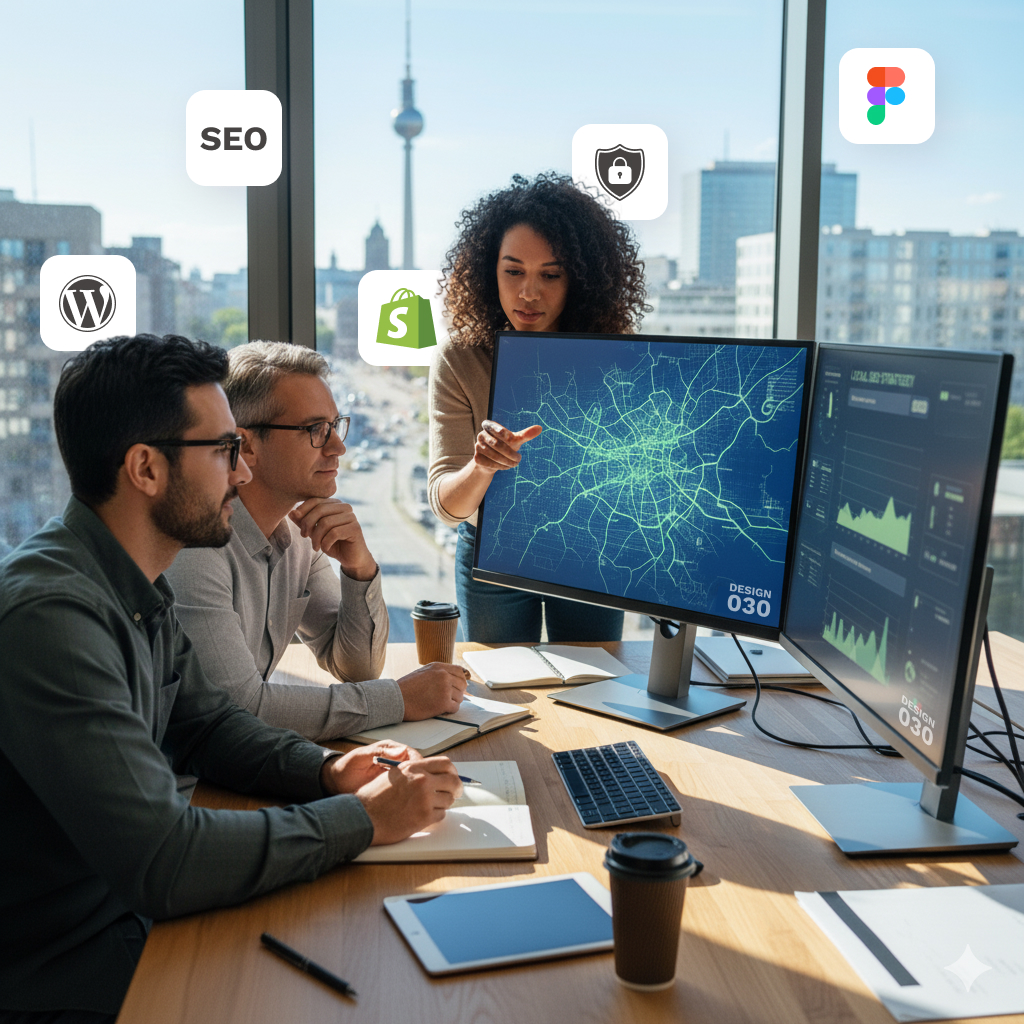 Modernes Büro mit Computerbildschirm, der SEO-Agentur-Daten mit Berliner Fernsehturm und Brandenburger Tor zeigt