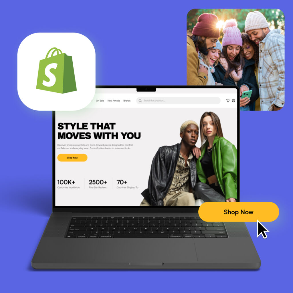 Laptop mit geöffneter Mode-Webseite, zwei Models in Lederjacken, Shop-Button hervorgehoben, darüber Shopify-Logo und Bild von fünf jungen Menschen mit Winterkleidung, die gemeinsam auf ein Smartphone schauen