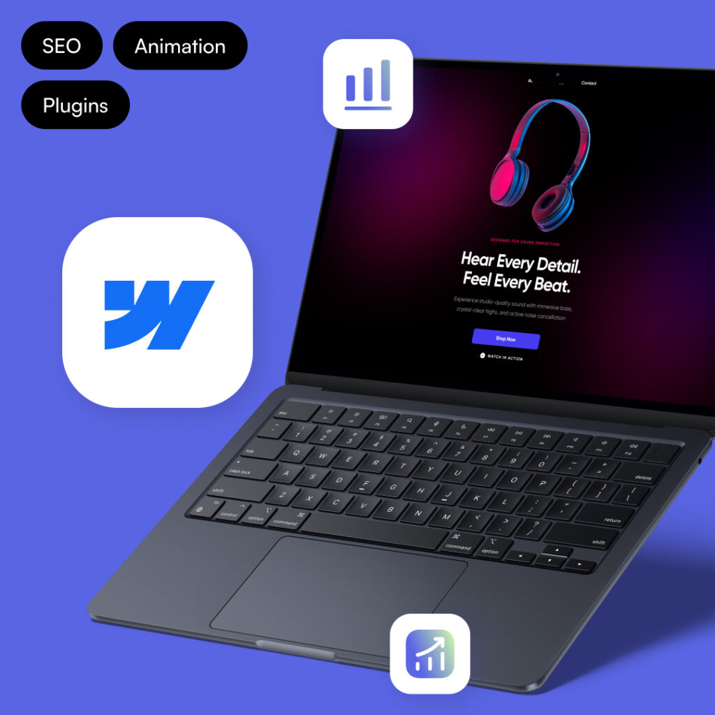 Offenes Laptop mit schwarzer Tastatur und Bildschirm, der eine Webseite mit bluetooth-kopfhörern und Text "Hear Every Detail. Feel Every Beat." zeigt, auf blauem Hintergrund mit weißen und schwarzen Symbolen zu SEO, Animation und Plugins