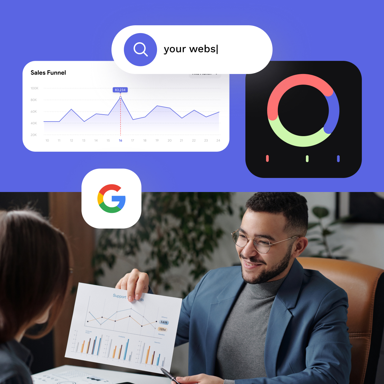 Mann mit Brille und Sakko zeigt einer Frau ein Diagramm auf Papier, darüber Grafiken und Suchleiste mit Text "your webs" vor blauem Hintergrund und Google-Logo zwischen den Personen.