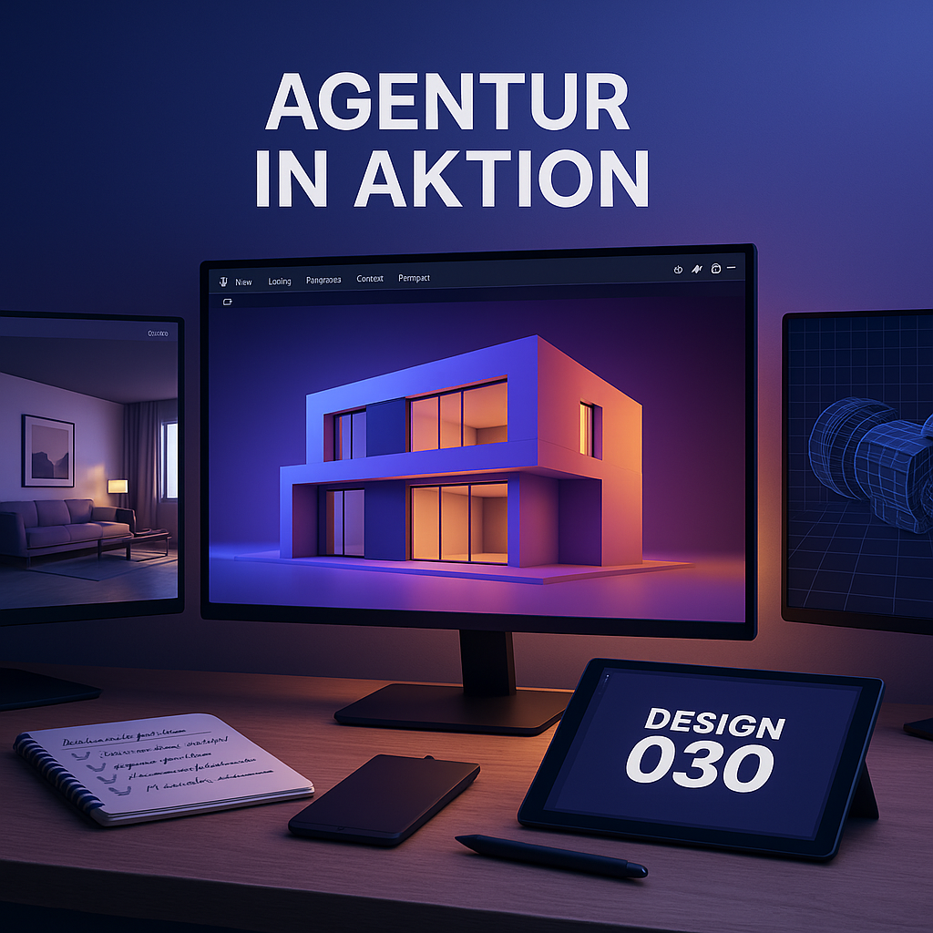 Arbeitsplatz mit drei Bildschirmen und einem Tablet, die anspruchsvolle 3D-Visualisierungen von Architektur und Design zeigen, mit dem Text 'AGENTUR IN AKTION' im Hintergrund und 'DESIGN 030' auf dem Tablet, in einem abgedunkelten Raum.