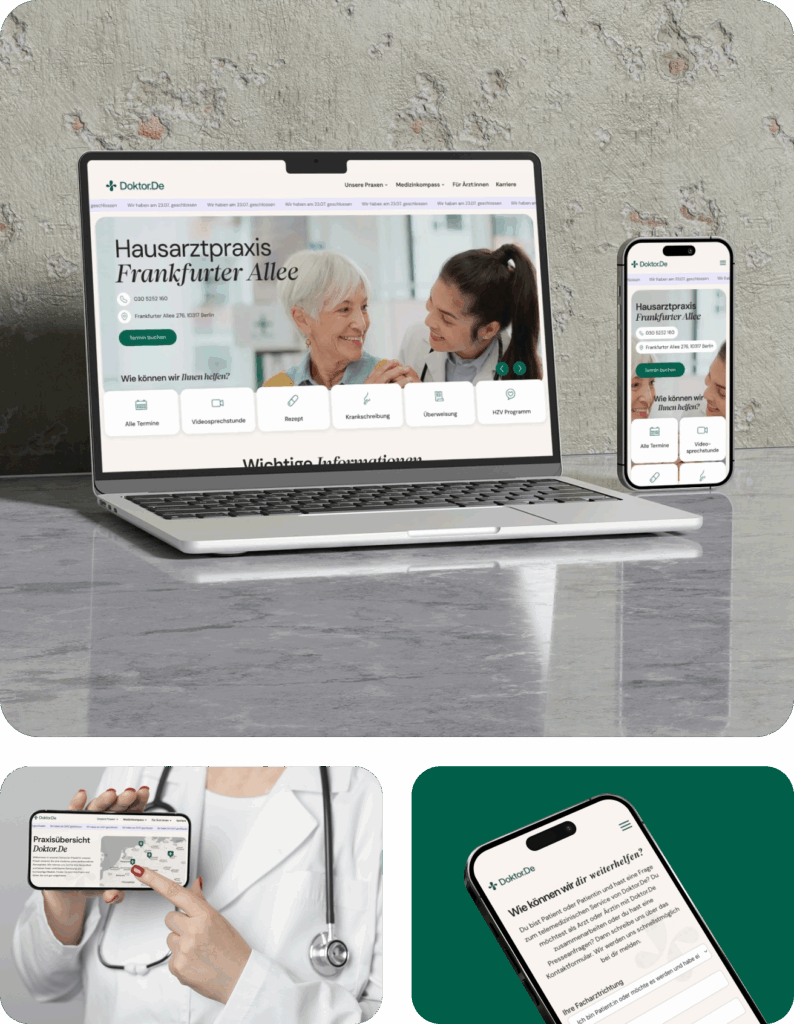 Laptop und Smartphone mit der Webseite von Doktor.De, die eine Hausarztpraxis an der Frankfurter Allee zeigt, eine Medizinerin zeigt auf einem Smartphone-Bildschirm die Praxisübersicht an, nahaufnahmen eines Smartphones mit einem Kontaktformular auf der Webseite für Patienten und Ärzte.