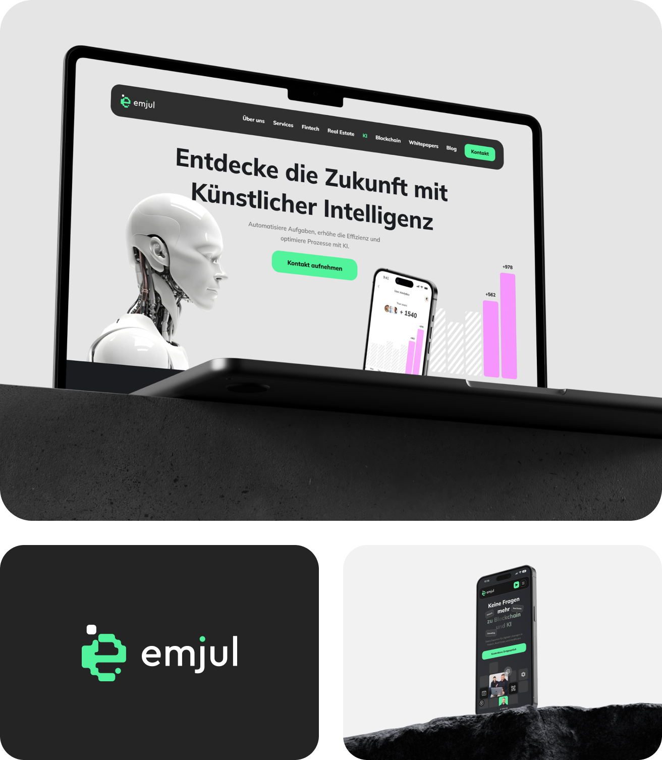 Unser Kunde: Laptop mit Webseite über Künstliche Intelligenz und Roboter, Logo von emjul und Smartphone mit Technologie-Inhalten. perfekte Design und Branding