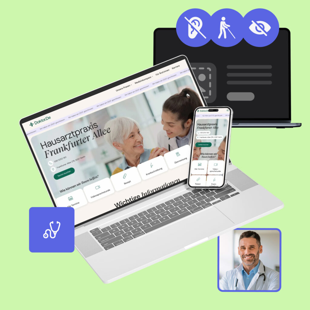 Computerbildschirm mit medizinischer Website und EKG-Darstellung auf Schreibtisch im Büro