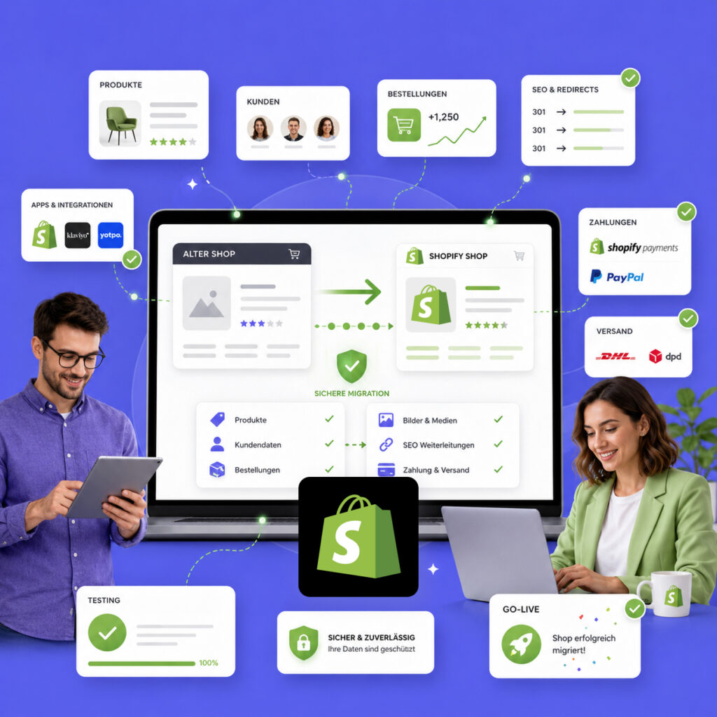 Computerbildschirm mit Shopify-Logo und E-Commerce-Daten, umgeben von Paketen und Büroausstattung.
