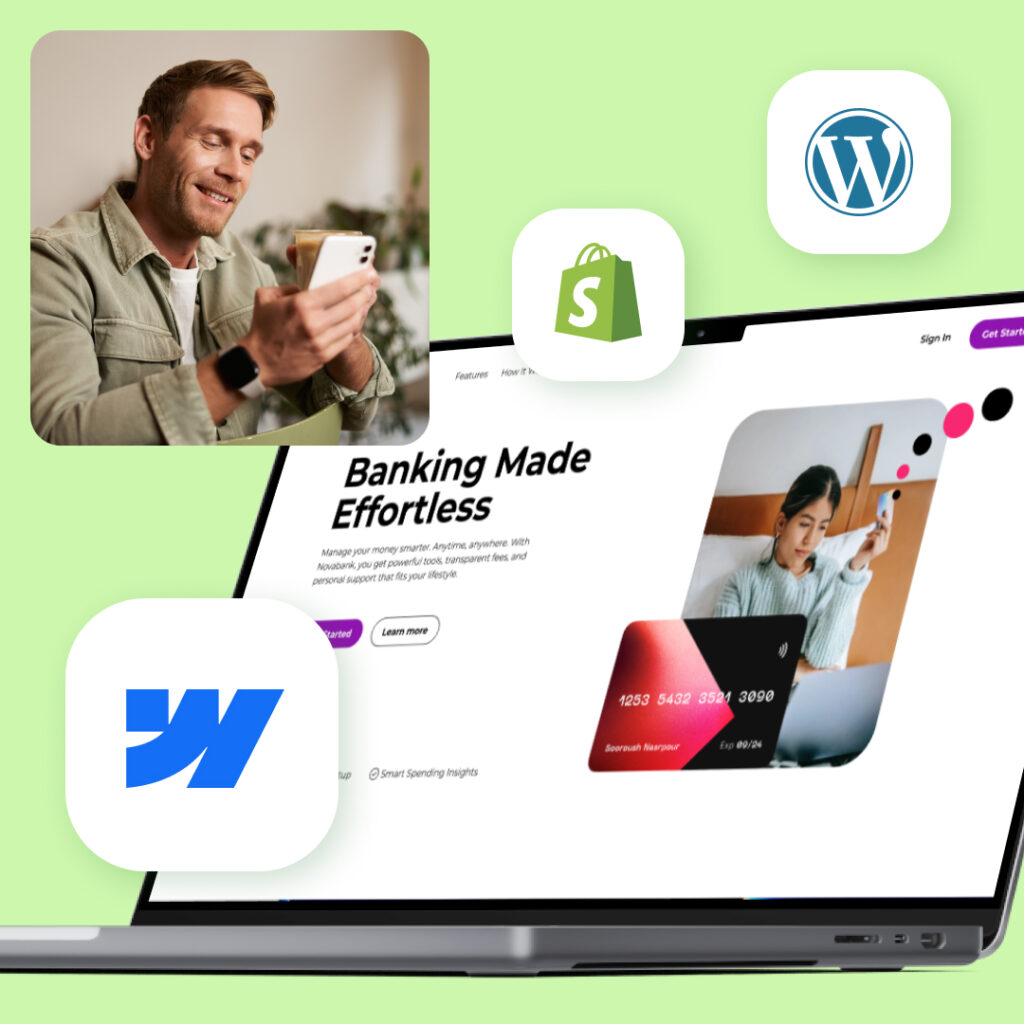 Ein junger Mann lächelt und schaut auf sein Smartphone, im Hintergrund ein Laptop mit einer Banking-Website und Icons der Logos von WordPress, Shopify und einer weiteren Plattform auf hellgrünem Hintergrund.