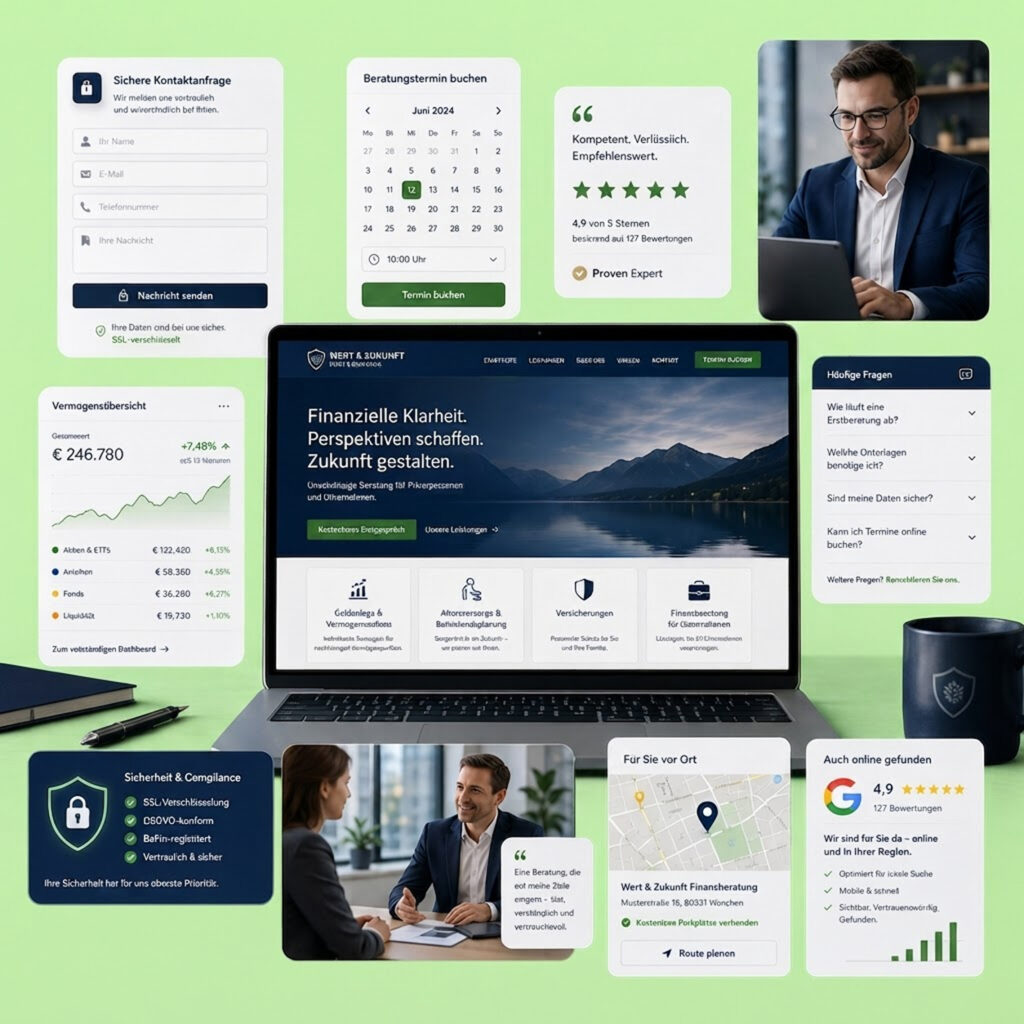 Computerbildschirm mit Finanz- und Service-Diagrammen und Symbolen auf einem Schreibtisch mit Münzstapeln und Stifthalter