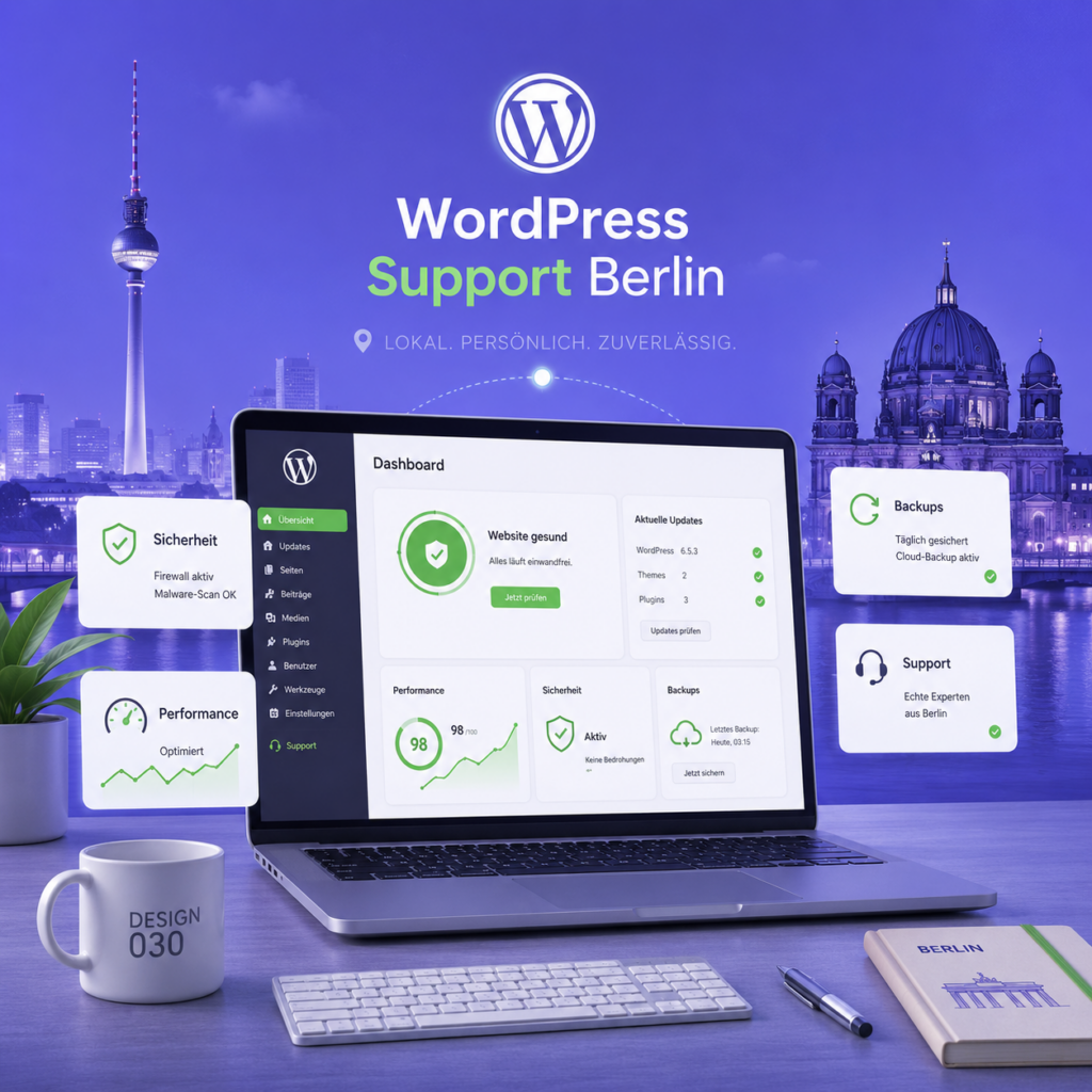 Arbeitsplatz mit Computer, auf dem WordPress Support Services angezeigt werden, vor der Berliner Skyline mit Fernsehturm
