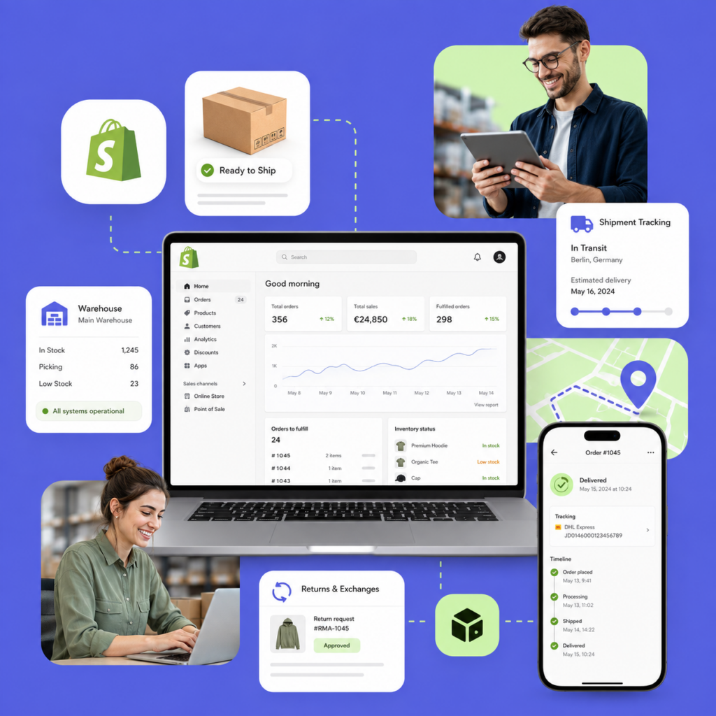 Futuristisches Shopify-Logistik-Dashboard auf Monitor mit Schreibtisch, LKW und Versandkartons