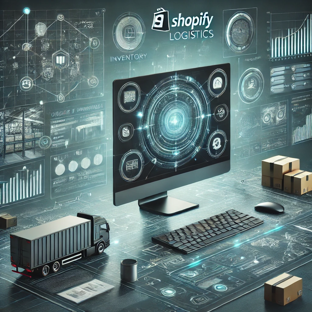 Futuristisches Shopify-Logistik-Dashboard auf Monitor mit Schreibtisch, LKW und Versandkartons