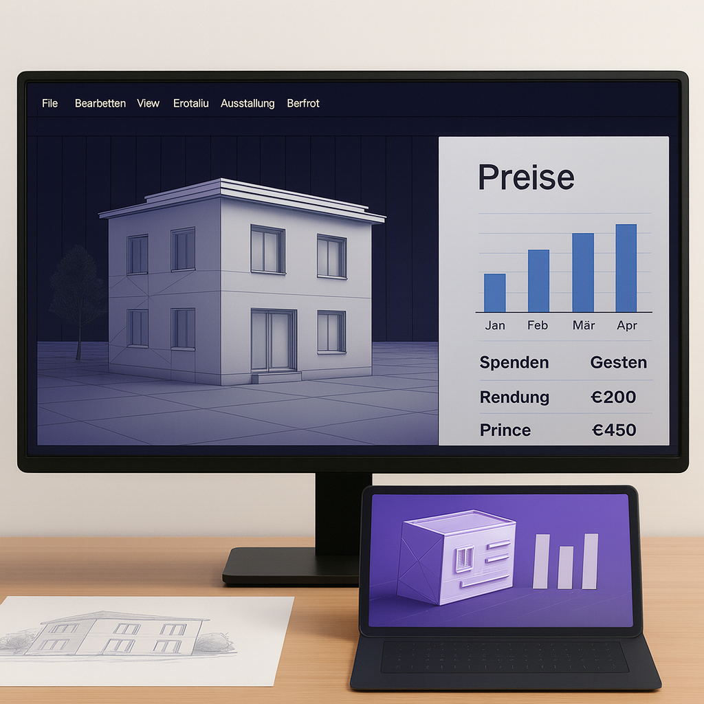 Computerbildschirm mit 3D-Modell eines Hauses und Preistabelle für Jan bis Apr, daneben ein Laptop mit Diagramm und Modellelementen, auf Holztisch liegt eine Bleistiftskizze eines Hauses.