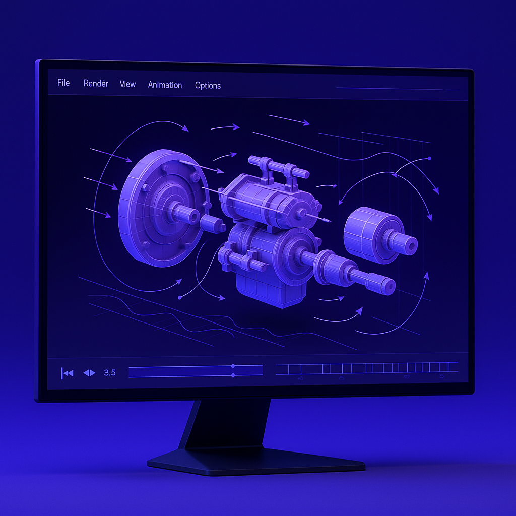 Monitor zeigt eine 3D-Rendering-Software mit einem technischen, schematischen Modell eines komplexen mechanischen Geräts, umgeben von Pfeilen und Linien, die Bewegungen oder Strömungsrichtungen anzeigen, vor blauem Hintergrund.