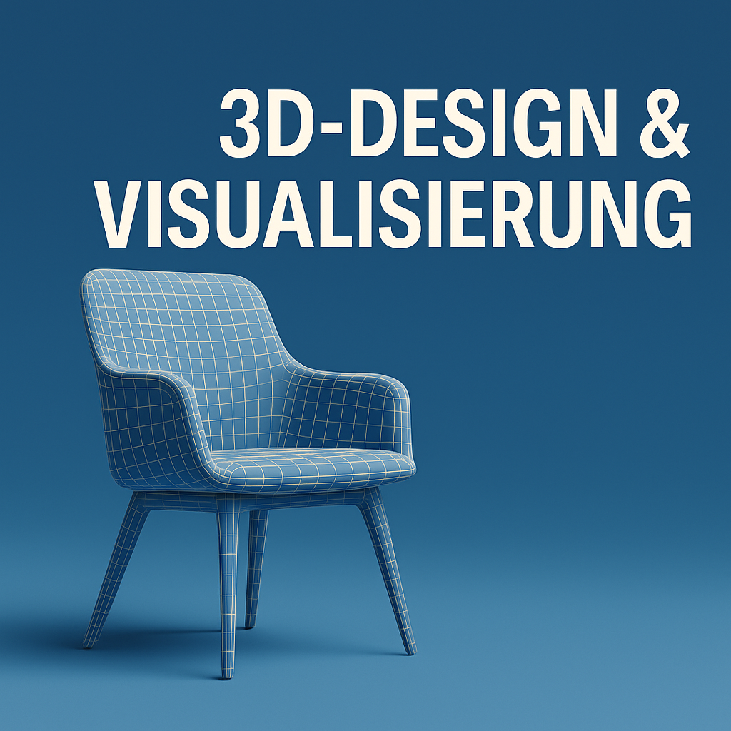 Blauer 3D-Stuhl mit Netzmuster vor blauem Hintergrund und dem Text '3D-DESIGN & VISUALISIERUNG' in großer weißer Schrift.