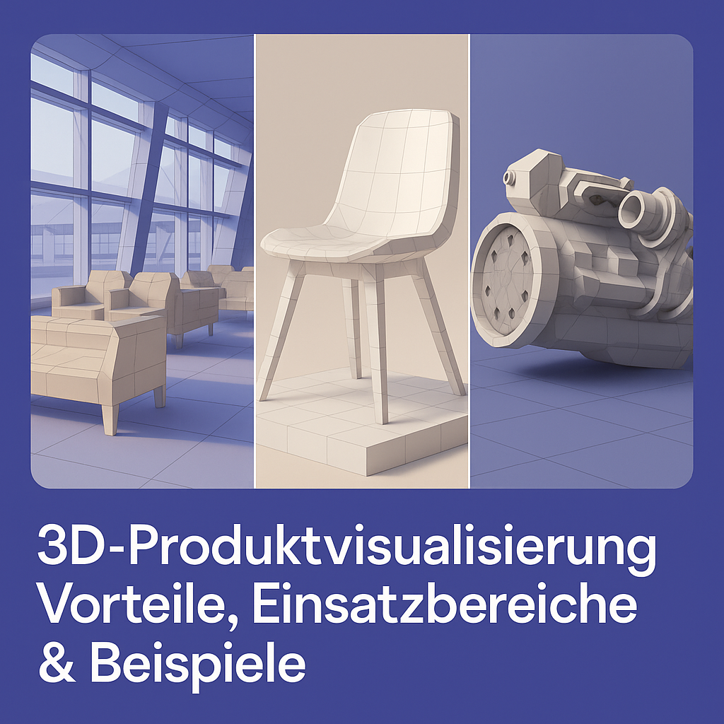 Dreiteiliges Bild mit 3D-Visualisierungen: links mehrere Stühle in einem modernen Raum mit großen Fenstern, Mitte ein einzelner Stuhl auf einem Podest, rechts ein technisches Bauteil, dazu der Text 3D-Produktvisualisierung Vorteile, Einsatzbereiche & Beispiele auf blauem Hintergrund.