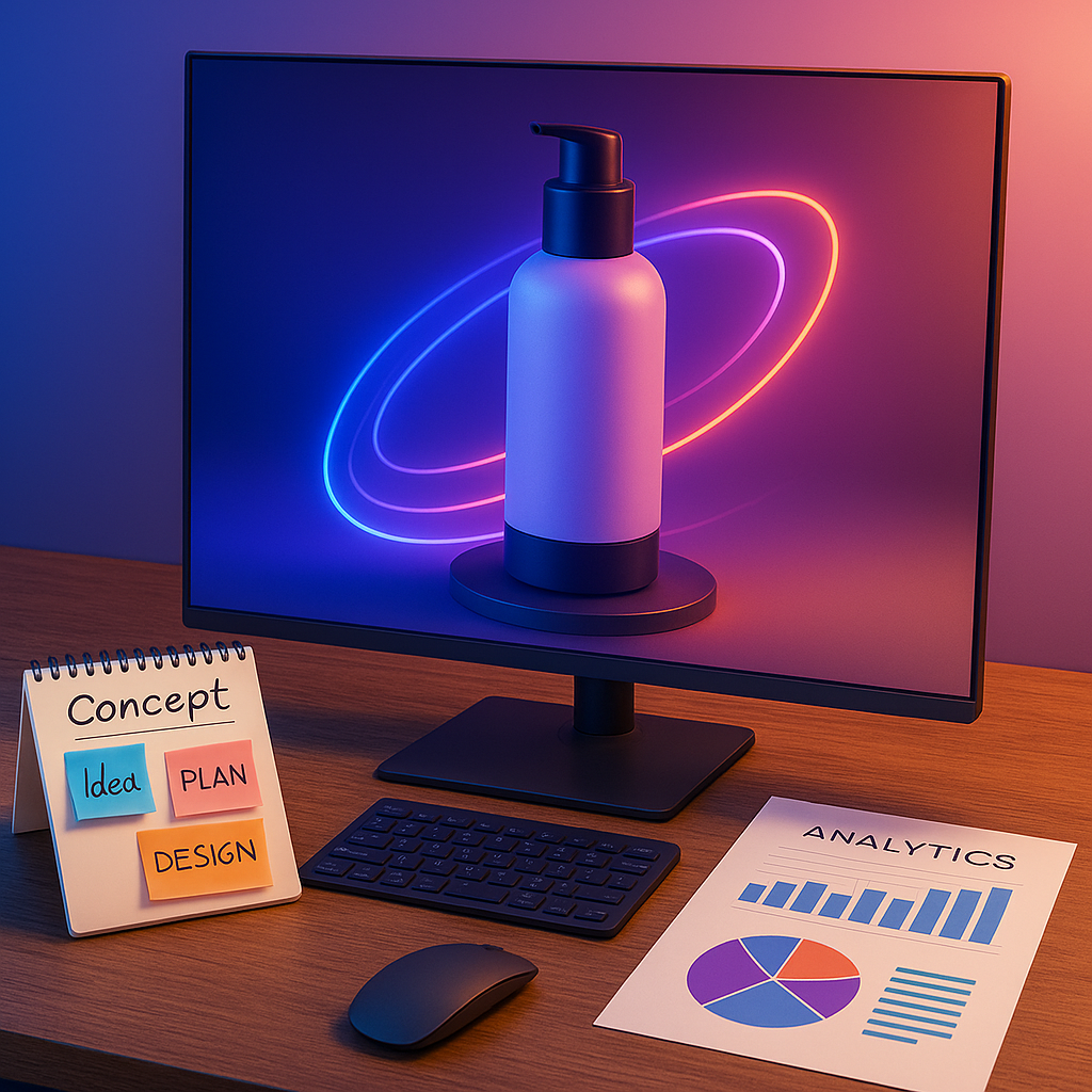 Schreibtisch mit Computerbildschirm, der eine Lotion- oder Seifenspenderflasche vor einem Hintergrund mit leuchtenden neonfarbenen Kreisen zeigt, daneben Notizbuch mit Konzeptskizze und Haftnotizen mit den Wörtern Idea, Plan, Design sowie ein Blatt mit Analytics-Diagrammen, Tastatur und Maus.