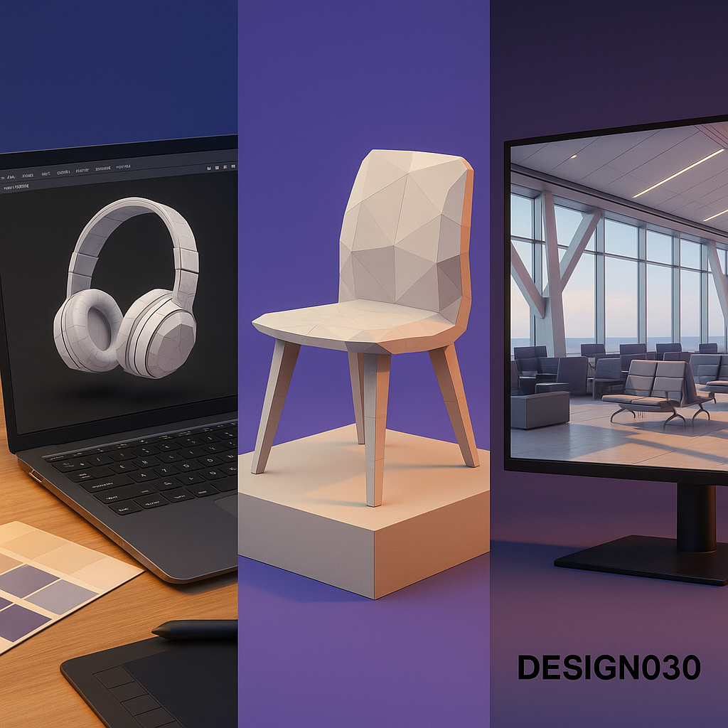 Dreigeteiltes Bild mit einem Laptop, der ein 3D-Modell von Kopfhörern zeigt, einem weißen 3D-Stuhl auf einem Podest vor lila Hintergrund und einem Monitor, der eine moderne Lounge mit Sitzgelegenheiten vor großen Fenstern zeigt, unten rechts der Text DESIGN030.