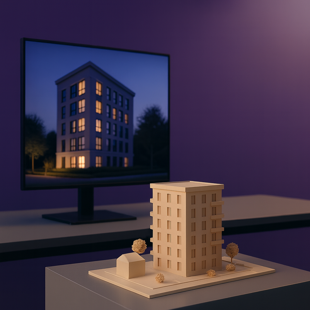 Modell eines mehrstöckigen Wohngebäudes mit Bäumen und kleinem Haus auf einer Plattform vor einem Bildschirm, der eine beleuchtete 3D-Rendering-Ansicht desselben Gebäudes in der Abenddämmerung zeigt, alles vor einem lilafarbenen Hintergrund.