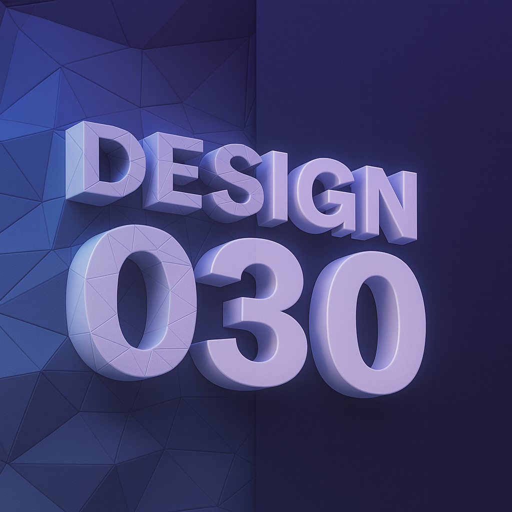 3D-Text "DESIGN 030" in hellviolett auf einem geometrisch gemusterten Hintergrund, der in Blau und Dunkelviolett geteilt ist